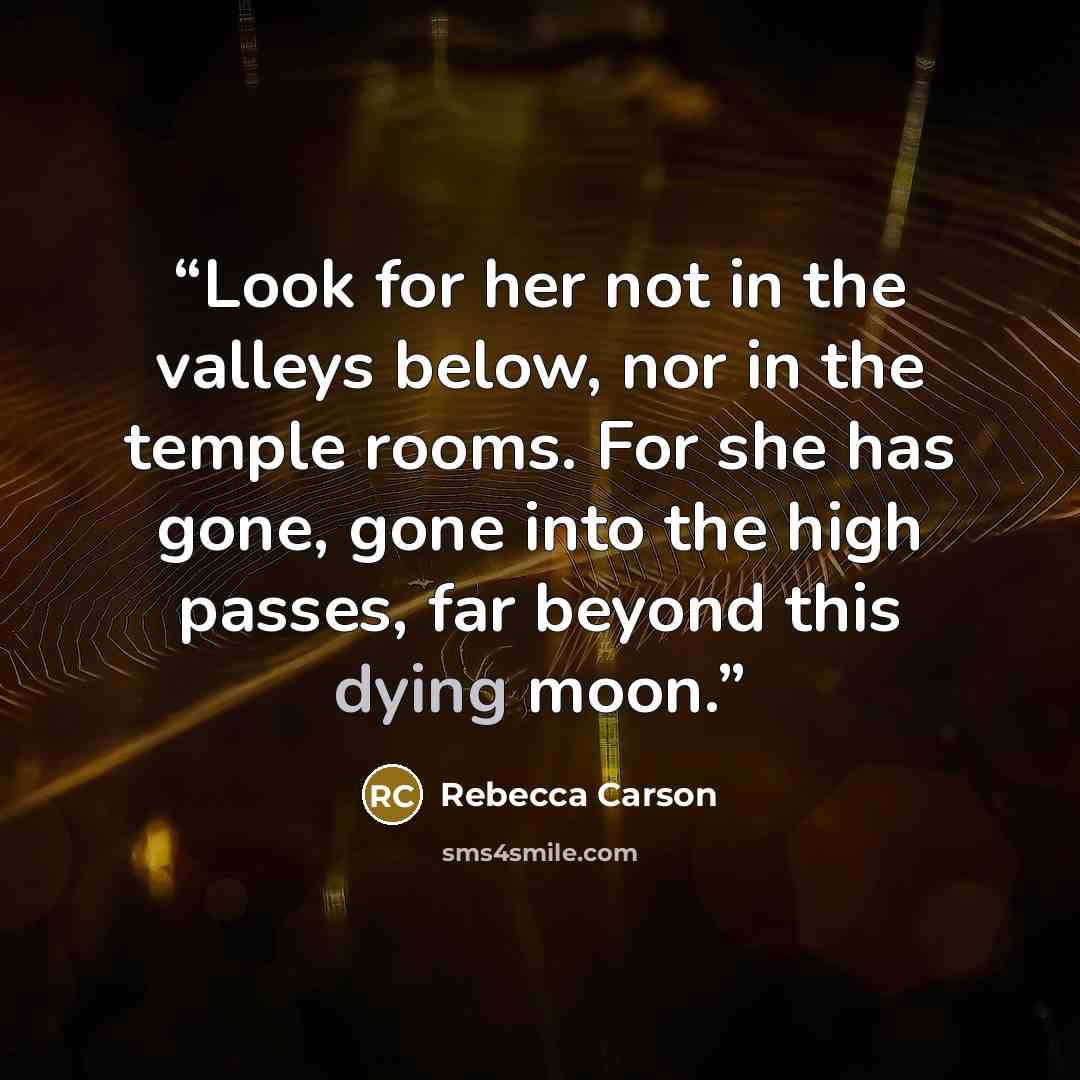 “Look for her not in the valleys below, nor in the temple rooms. For she has gone, gone into the high passes, far beyond this dying moon.” quote by Rebecca Carson