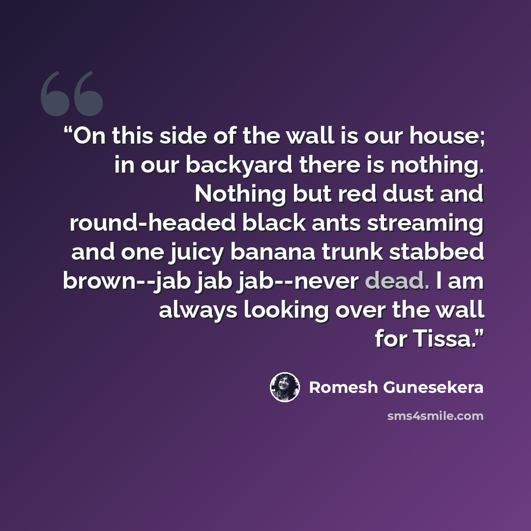 “On this side of the wall is our house; in our backyard there is nothing. Nothing but red dust and round-headed black ants streaming and one juicy banana trunk stabbed brown--jab jab jab--never dead. I am always looking over the wall for Tissa.” quote by Romesh Gunesekera