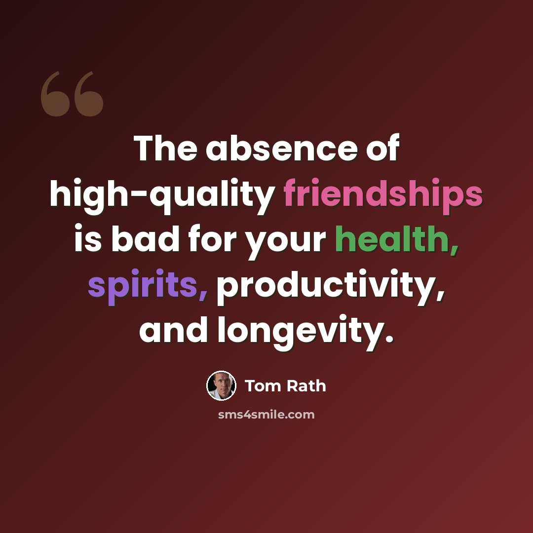 “The absence of high-quality friendships is bad for your health, spirits, productivity, and longevity.” quote by Tom Rath