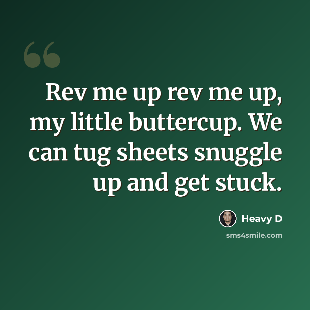 “Rev me up rev me up, my little buttercup. We can tug sheets snuggle up and get stuck.” quote by Heavy D