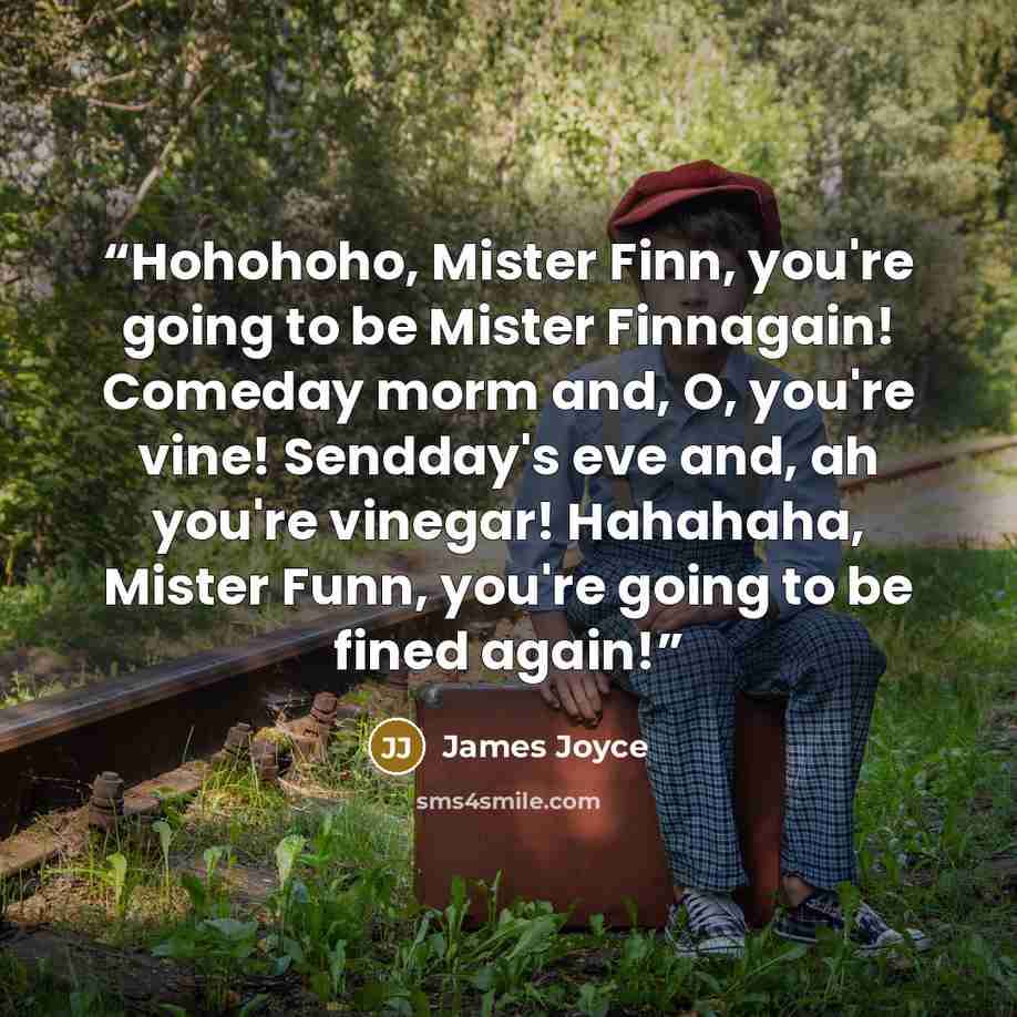 “Hohohoho, Mister Finn, you're going to be Mister Finnagain! Comeday morm and, O, you're vine! Sendday's eve and, ah you're vinegar! Hahahaha, Mister Funn, you're going to be fined again!” quote by James Joyce