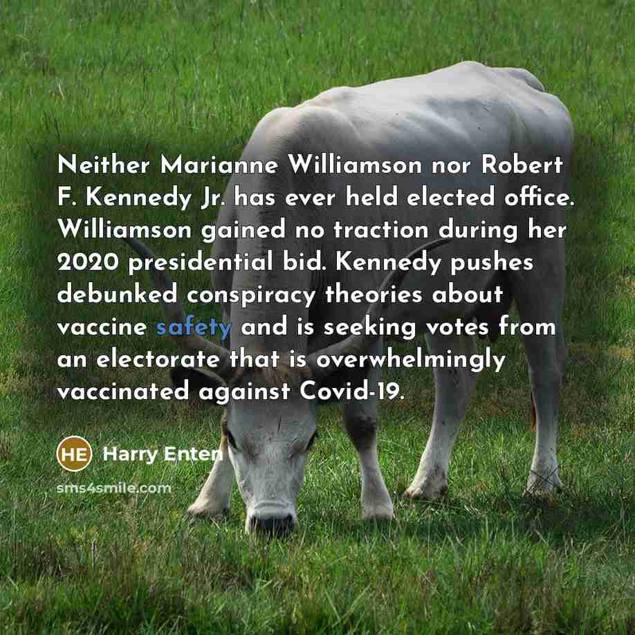 “Neither Marianne Williamson nor Robert F. Kennedy Jr. has ever held elected office. Williamson gained no traction during her 2020 presidential bid. Kennedy pushes debunked conspiracy theories about vaccine safety and is seeking votes from an electorate that is overwhelmingly vaccinated against…” quote by Harry Enten