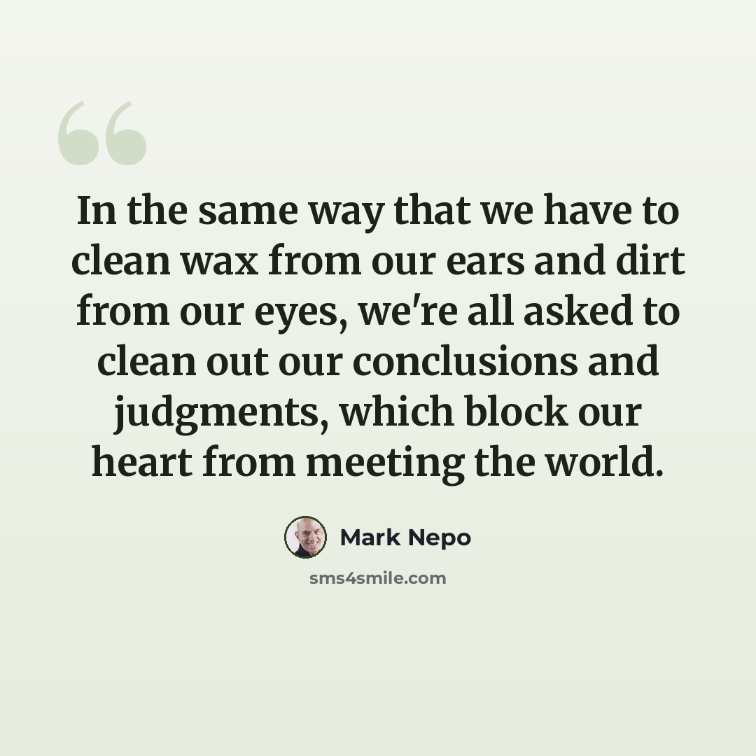 “In the same way that we have to clean wax from our ears and dirt from our eyes, we're all asked to clean out our conclusions and judgments, which block our heart from meeting the world.” quote by Mark Nepo