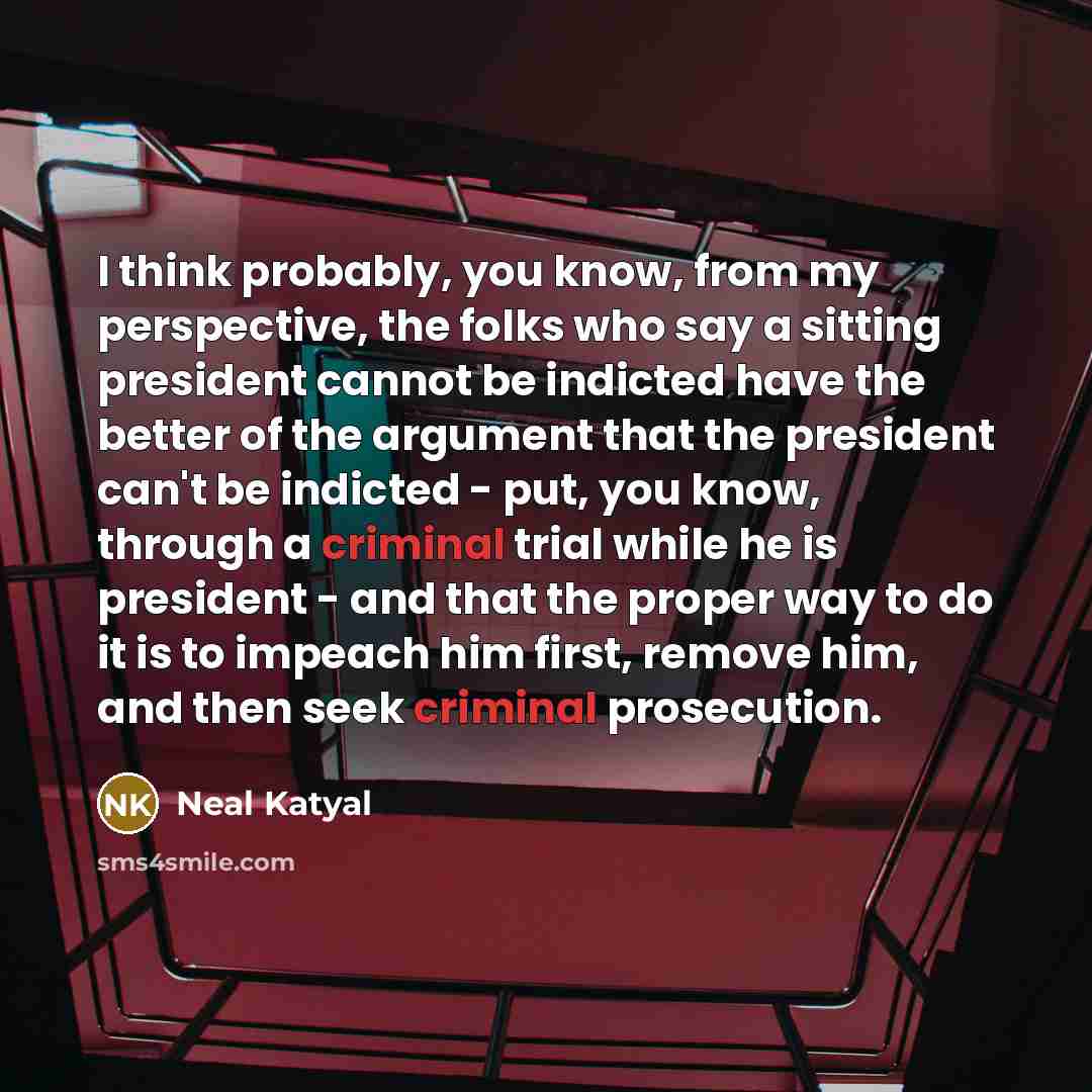 “I think probably, you know, from my perspective, the folks who say a sitting president cannot be indicted have the better of the argument that the president can't be indicted - put, you know, through a criminal trial while he is president - and that the proper way to do it is to impeach him first…” quote by Neal Katyal