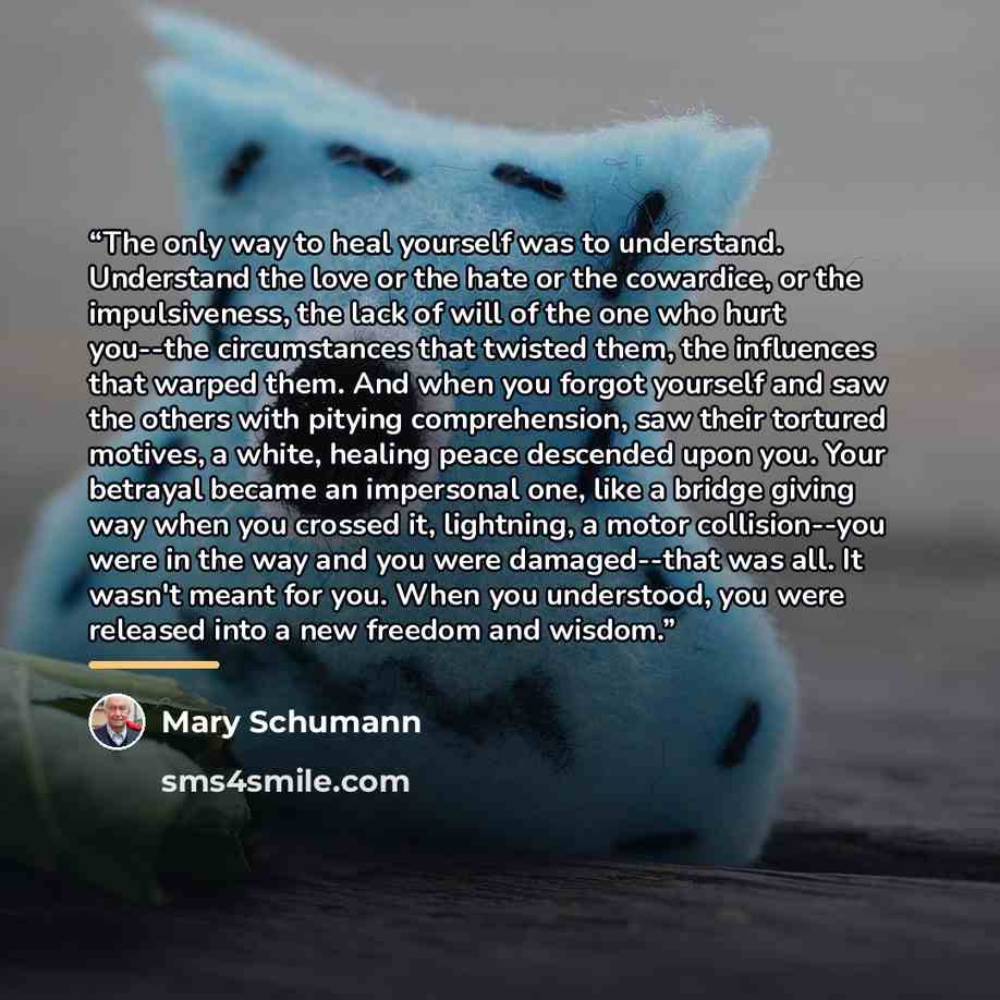 “The only way to heal yourself was to understand. Understand the love or the hate or the cowardice, or the impulsiveness, the lack of will of the one who hurt you--the circumstances that twisted them, the influences that warped them. And when you forgot yourself and saw the others with pitying…” quote by Mary Schumann