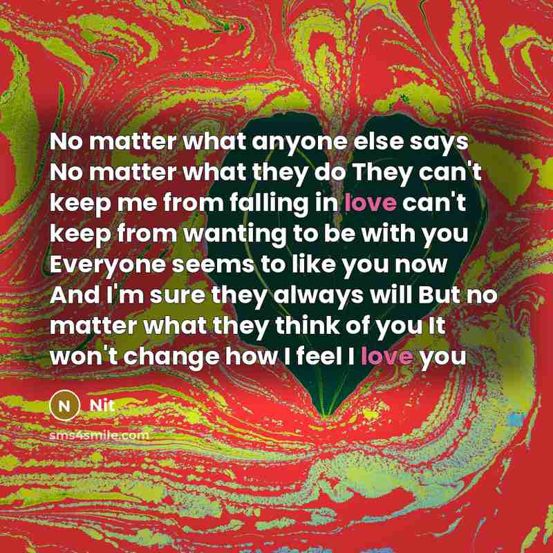 “No matter what anyone else says No matter what they do They can't keep me from falling in love can't keep from wanting to be with you Everyone seems to like you now And I'm sure they always will But no matter what they think of you It won't change how I feel I love you” quote by Nit