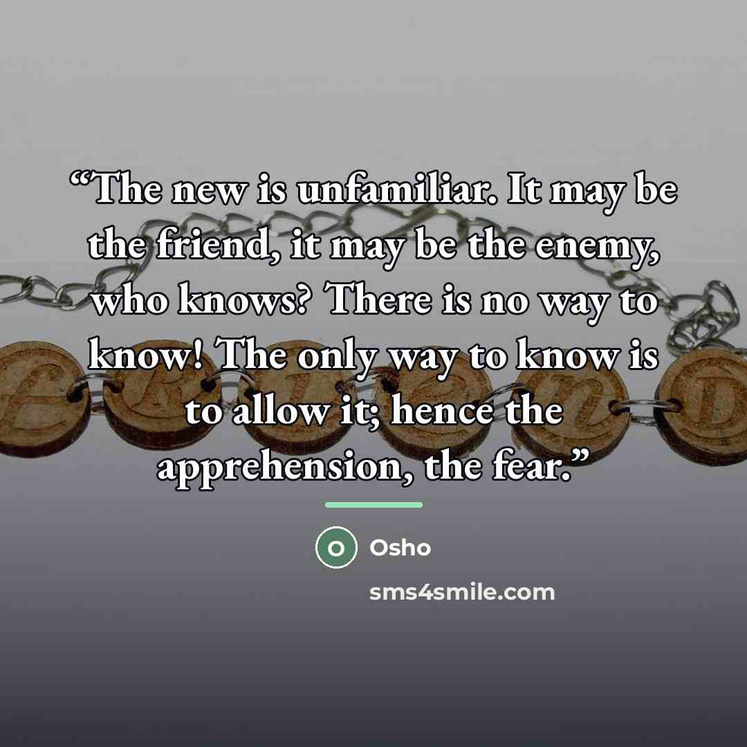“The new is unfamiliar. It may be the friend, it may be the enemy, who knows? There is no way to know! The only way to know is to allow it; hence the apprehension, the fear.” quote by Osho