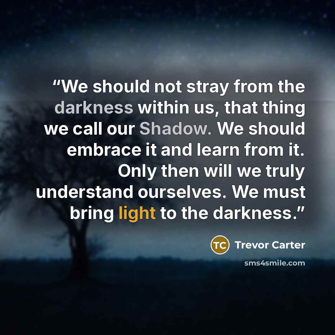 “We should not stray from the darkness within us, that thing we call our Shadow. We should embrace it and learn from it. Only then will we truly understand ourselves. We must bring light to the darkness.” quote by Trevor Carter