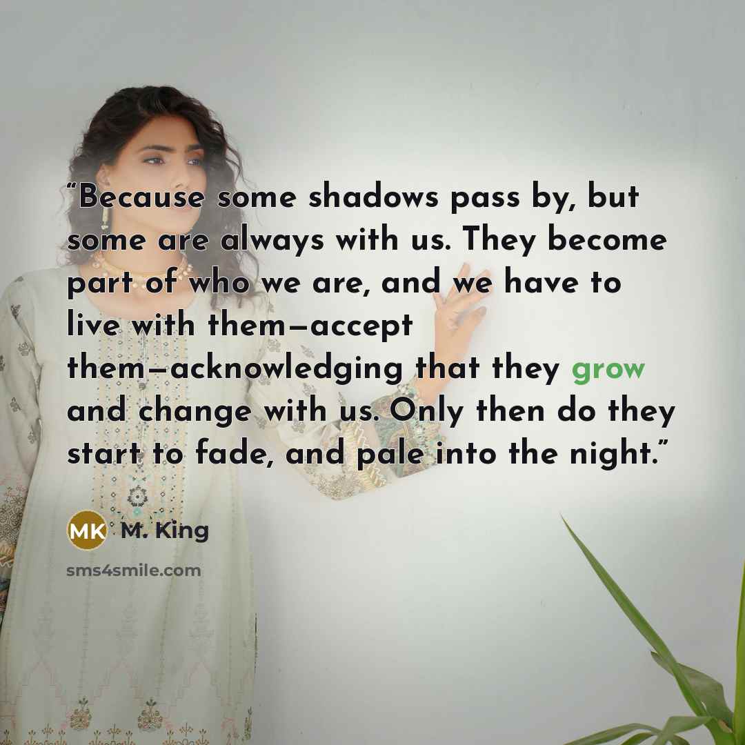 “Because some shadows pass by, but some are always with us. They become part of who we are, and we have to live with them—accept them—acknowledging that they grow and change with us. Only then do they start to fade, and pale into the night.” quote by M. King