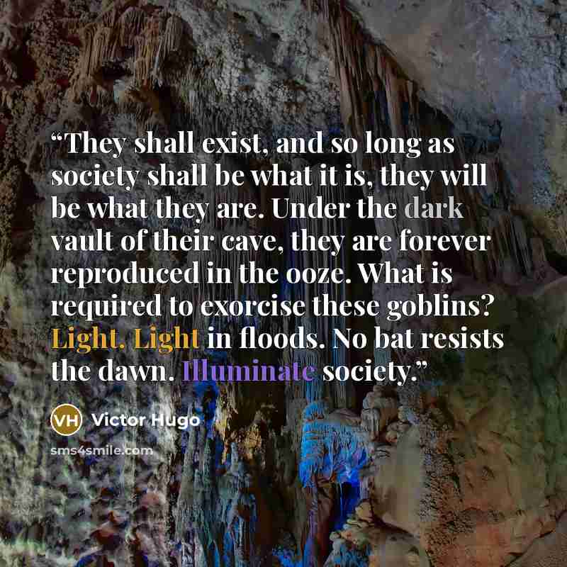 “They shall exist, and so long as society shall be what it is, they will be what they are. Under the dark vault of their cave, they are forever reproduced in the ooze. What is required to exorcise these goblins? Light. Light in floods. No bat resists the dawn. Illuminate society.” quote by Victor Hugo