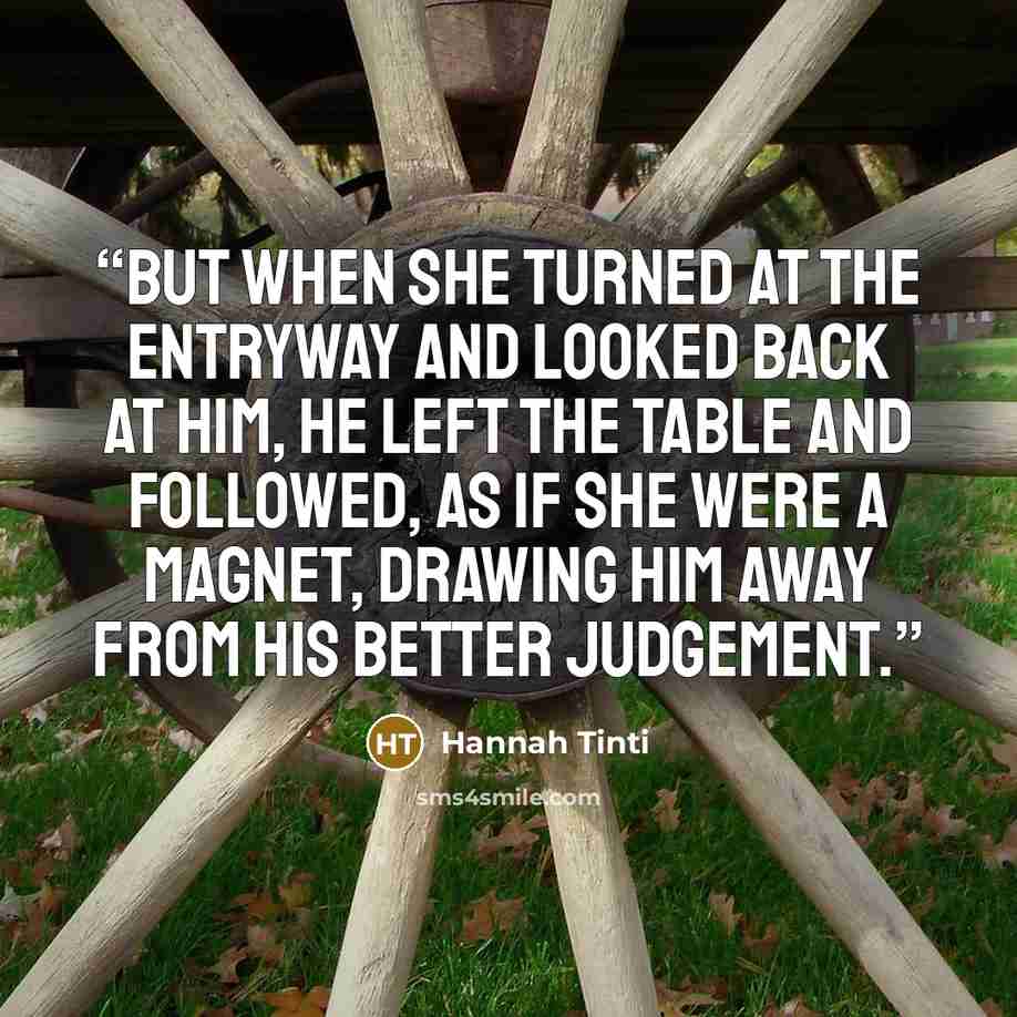 “But when she turned at the entryway and looked back at him, he left the table and followed, as if she were a magnet, drawing him away from his better judgement.” quote by Hannah Tinti