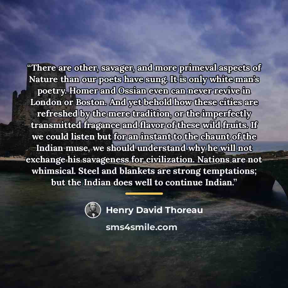 “There are other, savager, and more primeval aspects of Nature than our poets have sung. It is only white man's poetry. Homer and Ossian even can never revive in London or Boston. And yet behold how these cities are refreshed by the mere tradition, or the imperfectly transmitted fragance and flavor…” quote by Henry David Thoreau