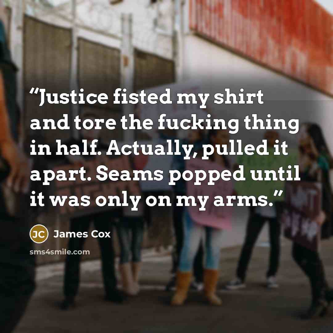 “Justice fisted my shirt and tore the fucking thing in half. Actually, pulled it apart. Seams popped until it was only on my arms.” quote by James Cox