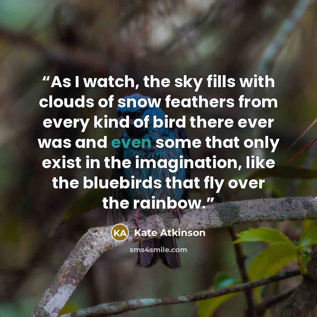 “As I watch, the sky fills with clouds of snow feathers from every kind of bird there ever was and even some that only exist in the imagination, like the bluebirds that fly over the rainbow.” quote by Kate Atkinson