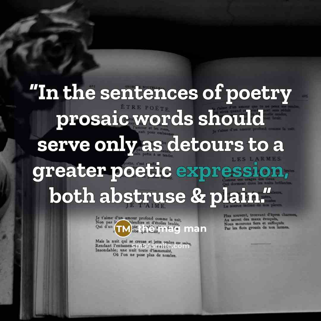 “In the sentences of poetry prosaic words should serve only as detours to a greater poetic expression, both abstruse & plain.” quote by the mag man