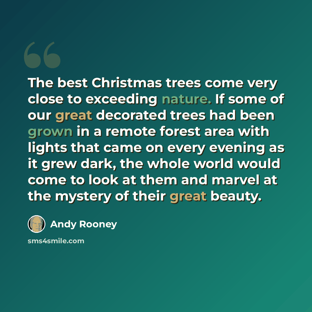 “The best Christmas trees come very close to exceeding nature. If some of our great decorated trees had been grown in a remote forest area with lights that came on every evening as it grew dark, the whole world would come to look at them and marvel at the mystery of their great beauty.” quote by Andy Rooney