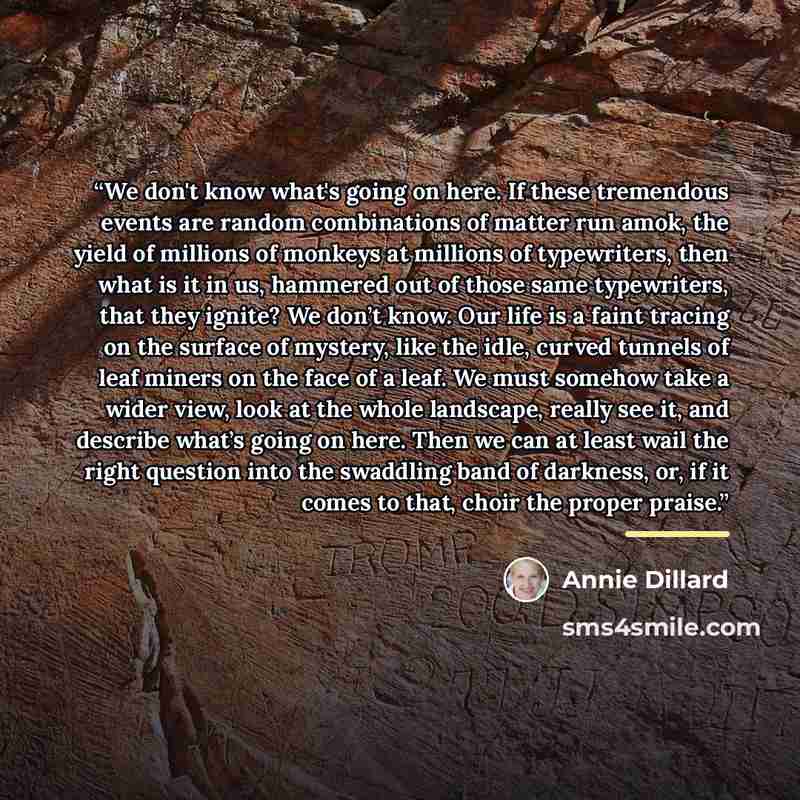 “We don't know what's going on here. If these tremendous events are random combinations of matter run amok, the yield of millions of monkeys at millions of typewriters, then what is it in us, hammered out of those same typewriters, that they ignite? We don’t know. Our life is a faint tracing on the…” quote by Annie Dillard