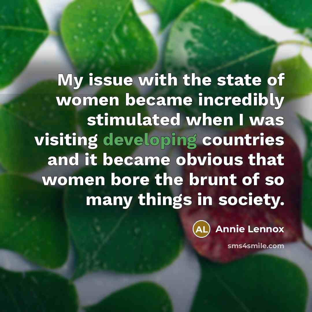 “My issue with the state of women became incredibly stimulated when I was visiting developing countries and it became obvious that women bore the brunt of so many things in society.” quote by Annie Lennox
