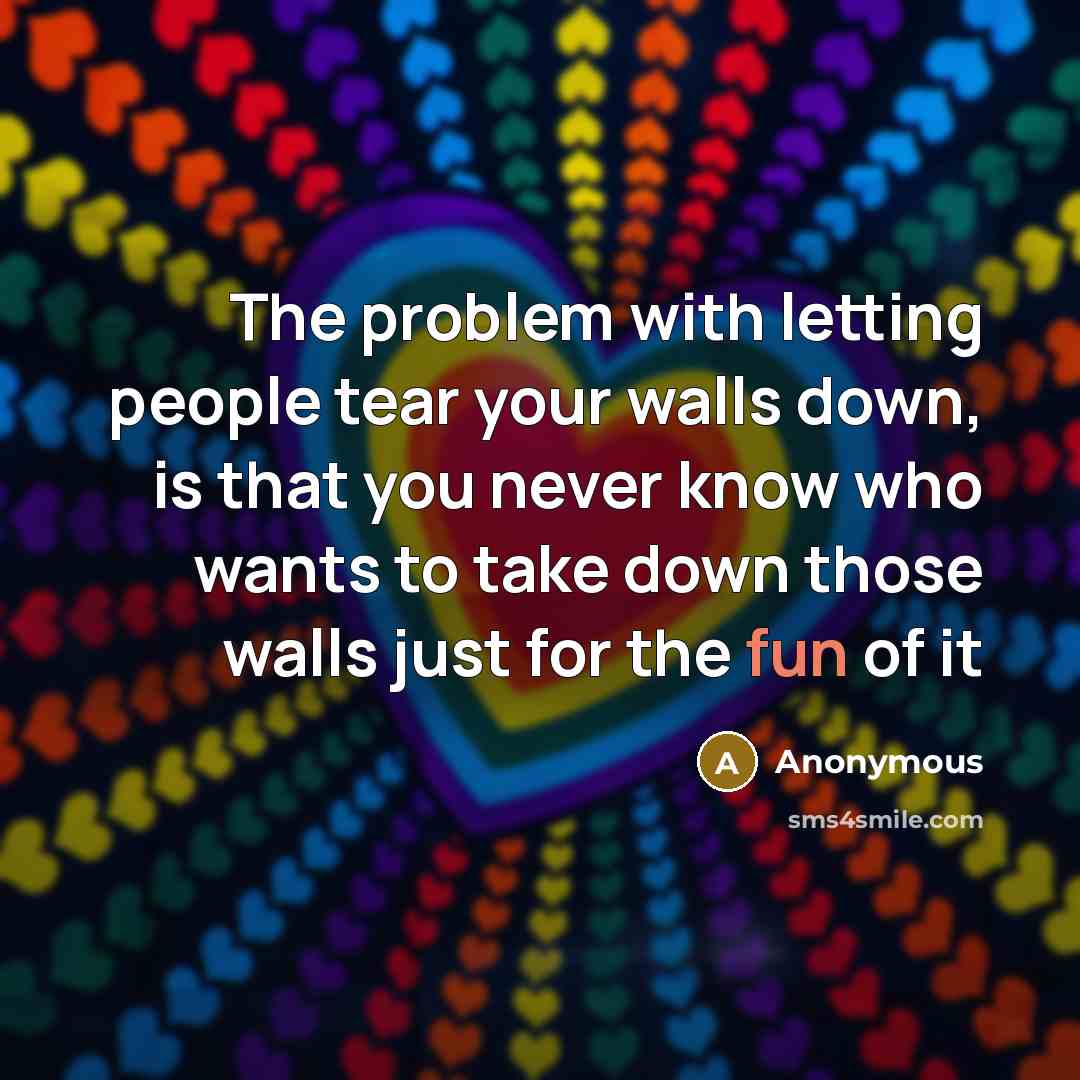 “The problem with letting people tear your walls down, is that you never know who wants to take down those walls just for the fun of it” quote by Anonymous