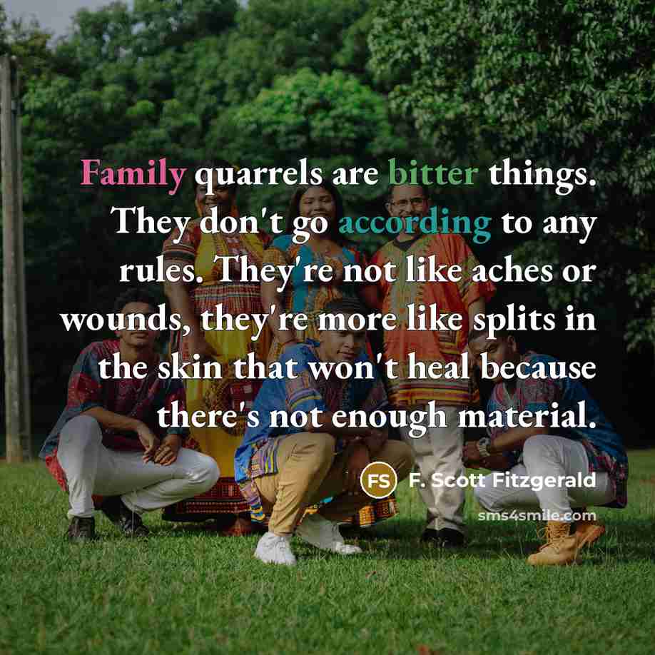 “Family quarrels are bitter things. They don't go according to any rules. They're not like aches or wounds, they're more like splits in the skin that won't heal because there's not enough material.” quote by F. Scott Fitzgerald