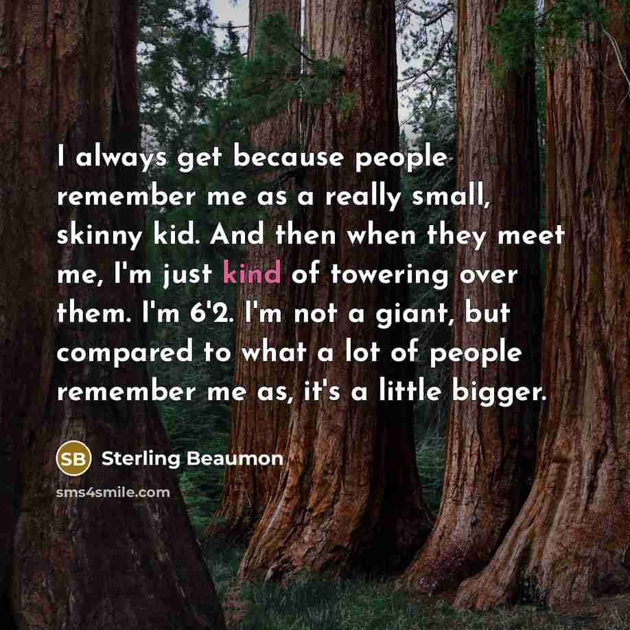 “I always get because people remember me as a really small, skinny kid. And then when they meet me, I'm just kind of towering over them. I'm 6'2. I'm not a giant, but compared to what a lot of people remember me as, it's a little bigger.” quote by Sterling Beaumon