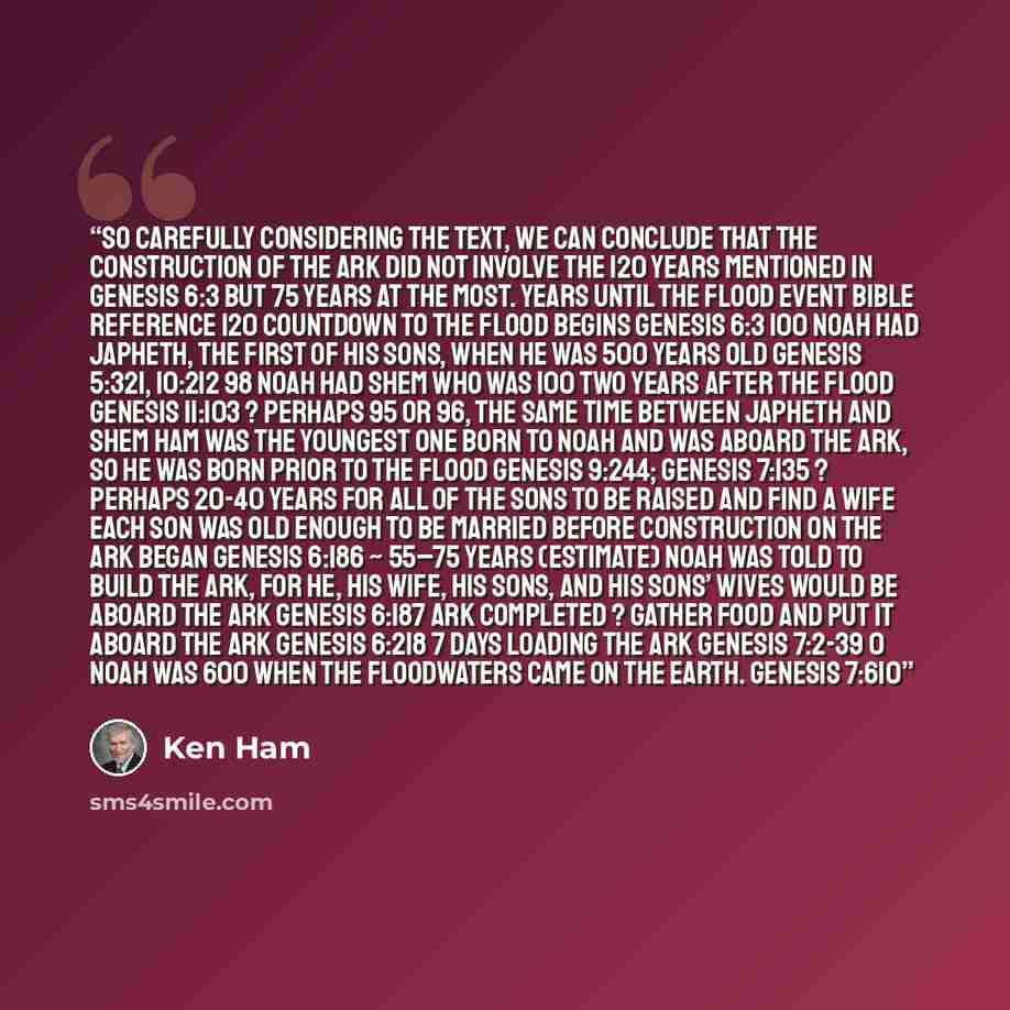 “So carefully considering the text, we can conclude that the construction of the ark did not involve the 120 years mentioned in Genesis 6:3 but 75 years at the most. Years until the Flood Event Bible reference 120 Countdown to the Flood begins Genesis 6:3 100 Noah had Japheth, the first of his…” quote by Ken Ham