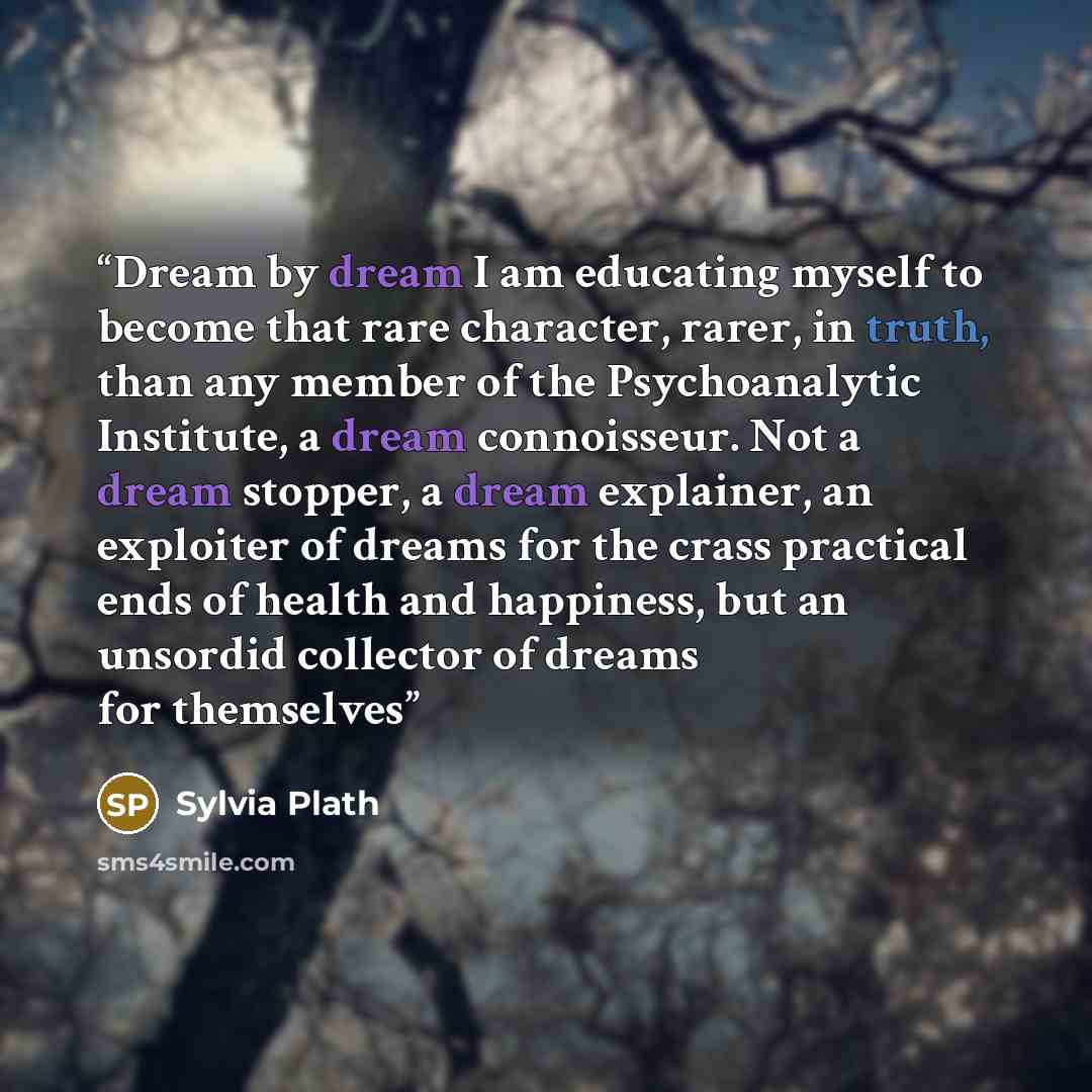 “Dream by dream I am educating myself to become that rare character, rarer, in truth, than any member of the Psychoanalytic Institute, a dream connoisseur. Not a dream stopper, a dream explainer, an exploiter of dreams for the crass practical ends of health and happiness, but an unsordid collector…” quote by Sylvia Plath