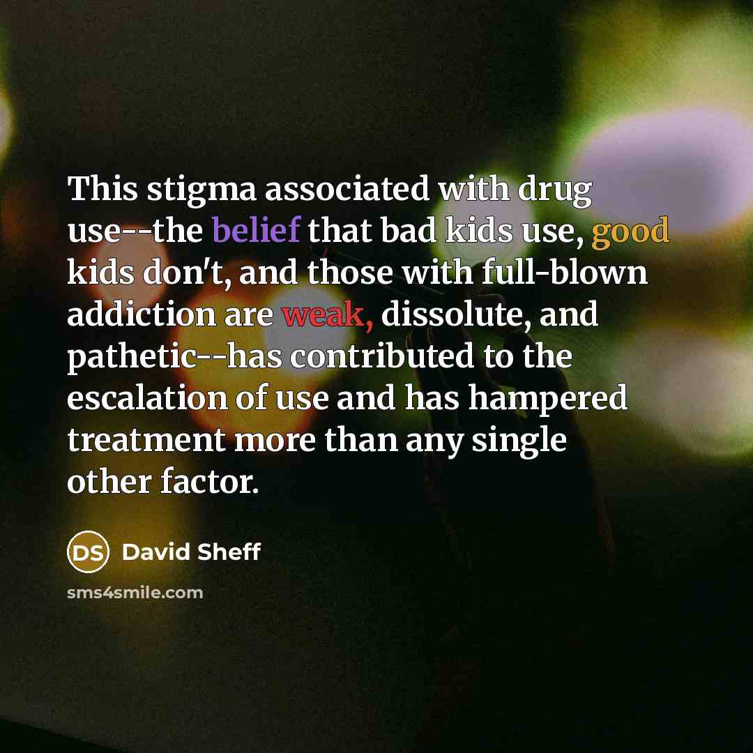 “This stigma associated with drug use--the belief that bad kids use, good kids don't, and those with full-blown addiction are weak, dissolute, and pathetic--has contributed to the escalation of use and has hampered treatment more than any single other factor.” quote by David Sheff