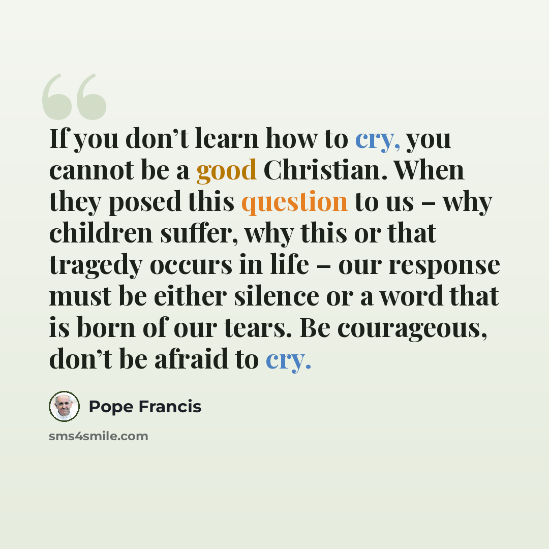 “If you don’t learn how to cry, you cannot be a good Christian. When they posed this question to us – why children suffer, why this or that tragedy occurs in life – our response must be either silence or a word that is born of our tears. Be courageous, don’t be afraid to cry.” quote by Pope Francis