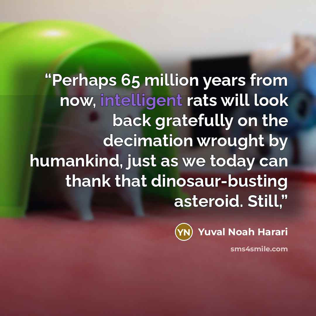 “Perhaps 65 million years from now, intelligent rats will look back gratefully on the decimation wrought by humankind, just as we today can thank that dinosaur-busting asteroid. Still,” quote by Yuval Noah Harari