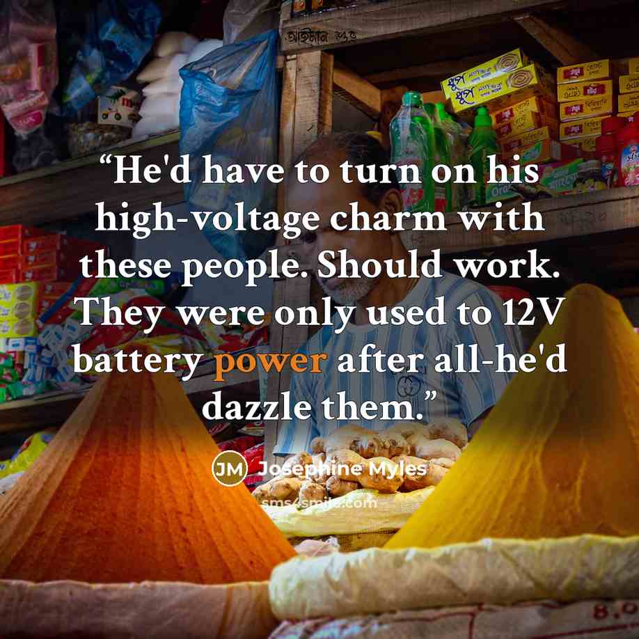 “He'd have to turn on his high-voltage charm with these people. Should work. They were only used to 12V battery power after all-he'd dazzle them.” quote by Josephine Myles