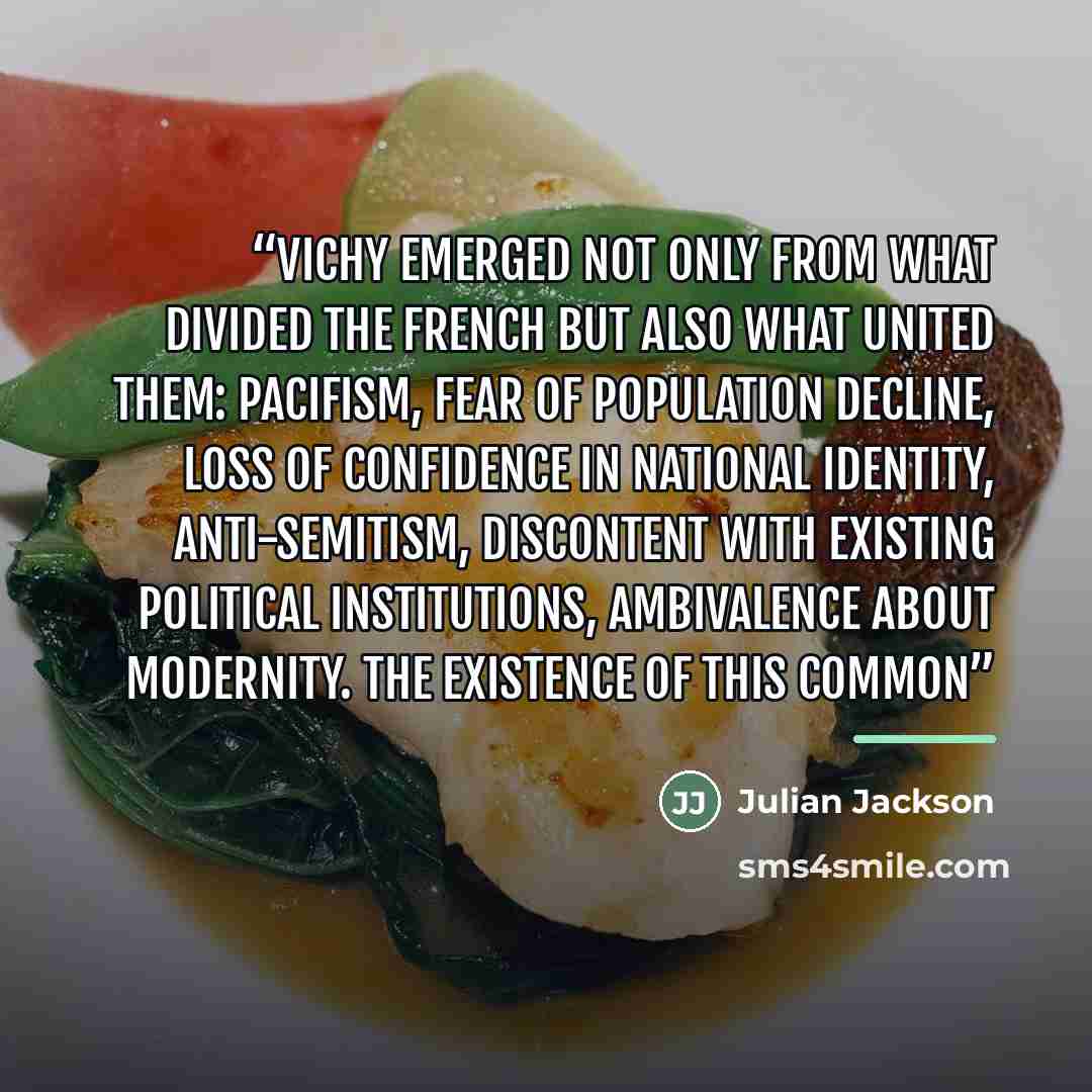 “Vichy emerged not only from what divided the French but also what united them: pacifism, fear of population decline, loss of confidence in national identity, anti-Semitism, discontent with existing political institutions, ambivalence about modernity. The existence of this common” quote by Julian Jackson