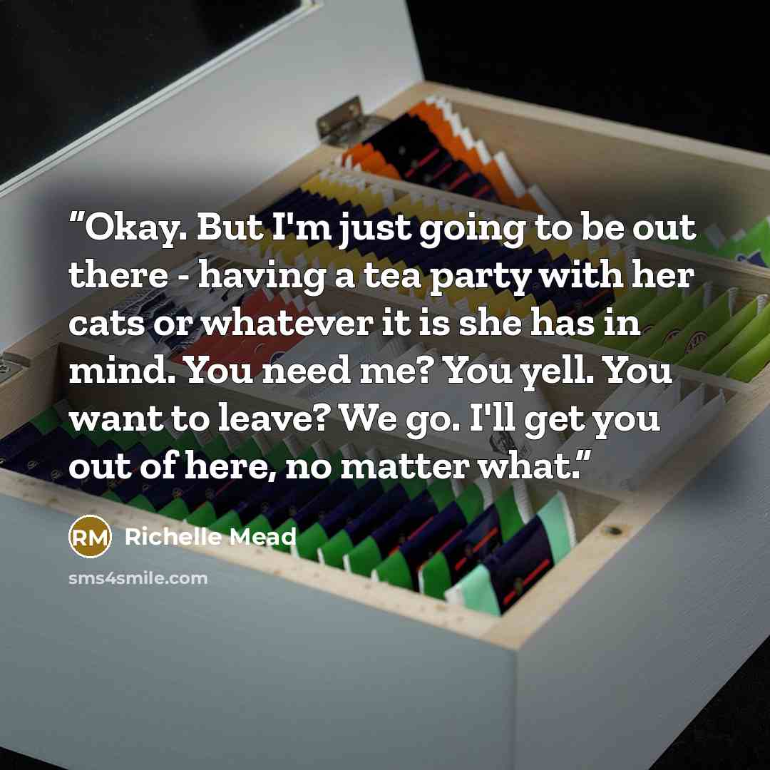 “Okay. But I'm just going to be out there - having a tea party with her cats or whatever it is she has in mind. You need me? You yell. You want to leave? We go. I'll get you out of here, no matter what.” quote by Richelle Mead