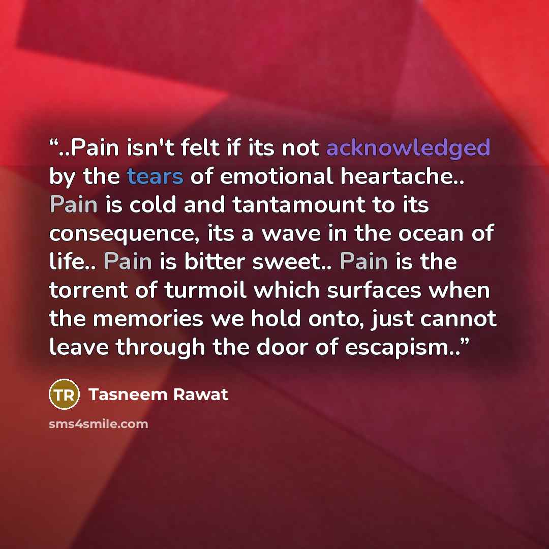 “..Pain isn't felt if its not acknowledged by the tears of emotional heartache.. Pain is cold and tantamount to its consequence, its a wave in the ocean of life.. Pain is bitter sweet.. Pain is the torrent of turmoil which surfaces when the memories we hold onto, just cannot leave through the door…” quote by Tasneem Rawat