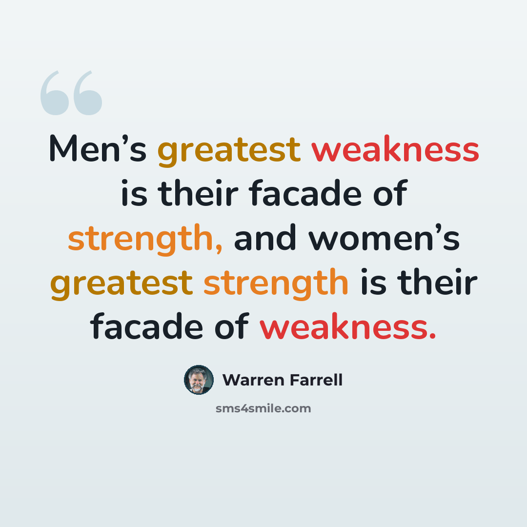 “Men’s greatest weakness is their facade of strength, and women’s greatest strength is their facade of weakness.” quote by Warren Farrell