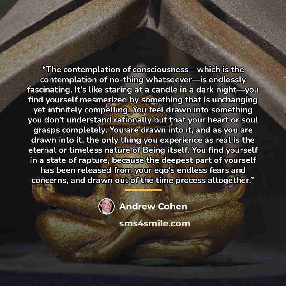 “The contemplation of consciousness—which is the contemplation of no-thing whatsoever—is endlessly fascinating. It’s like staring at a candle in a dark night—you find yourself mesmerized by something that is unchanging yet infinitely compelling. You feel drawn into something you don’t understand…” quote by Andrew Cohen