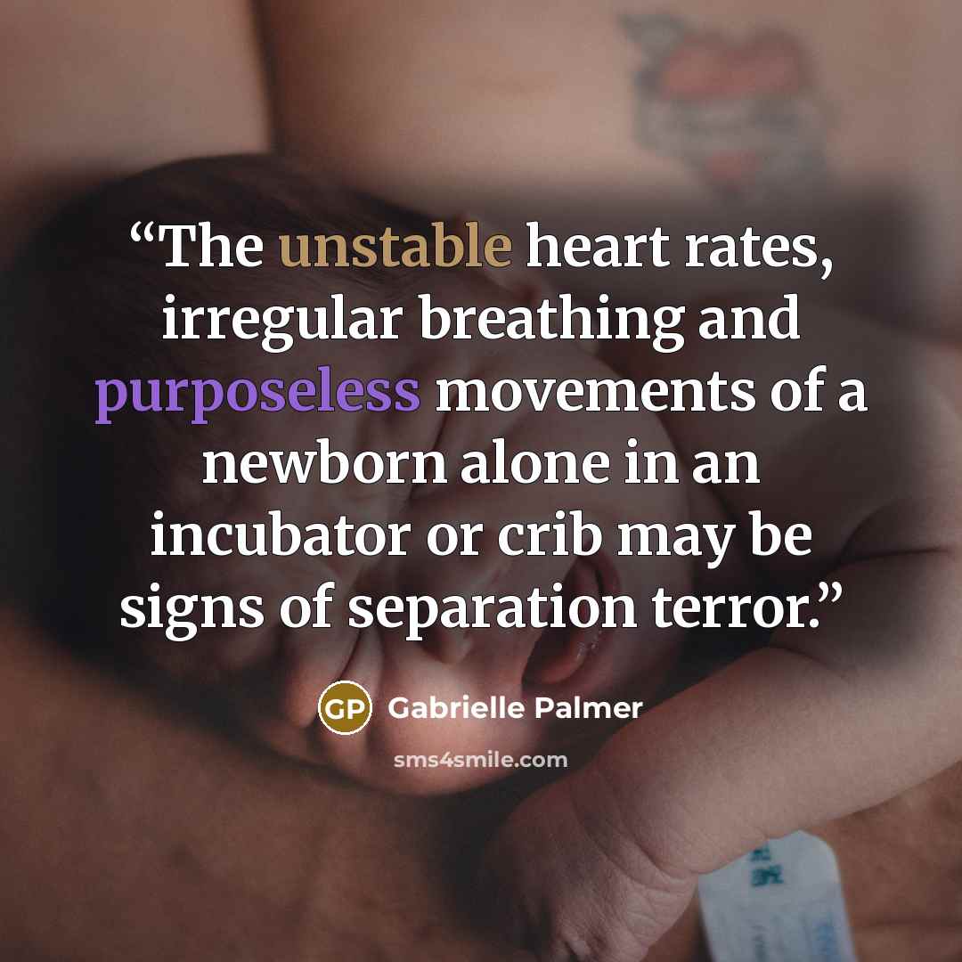 “The unstable heart rates, irregular breathing and purposeless movements of a newborn alone in an incubator or crib may be signs of separation terror.” quote by Gabrielle Palmer