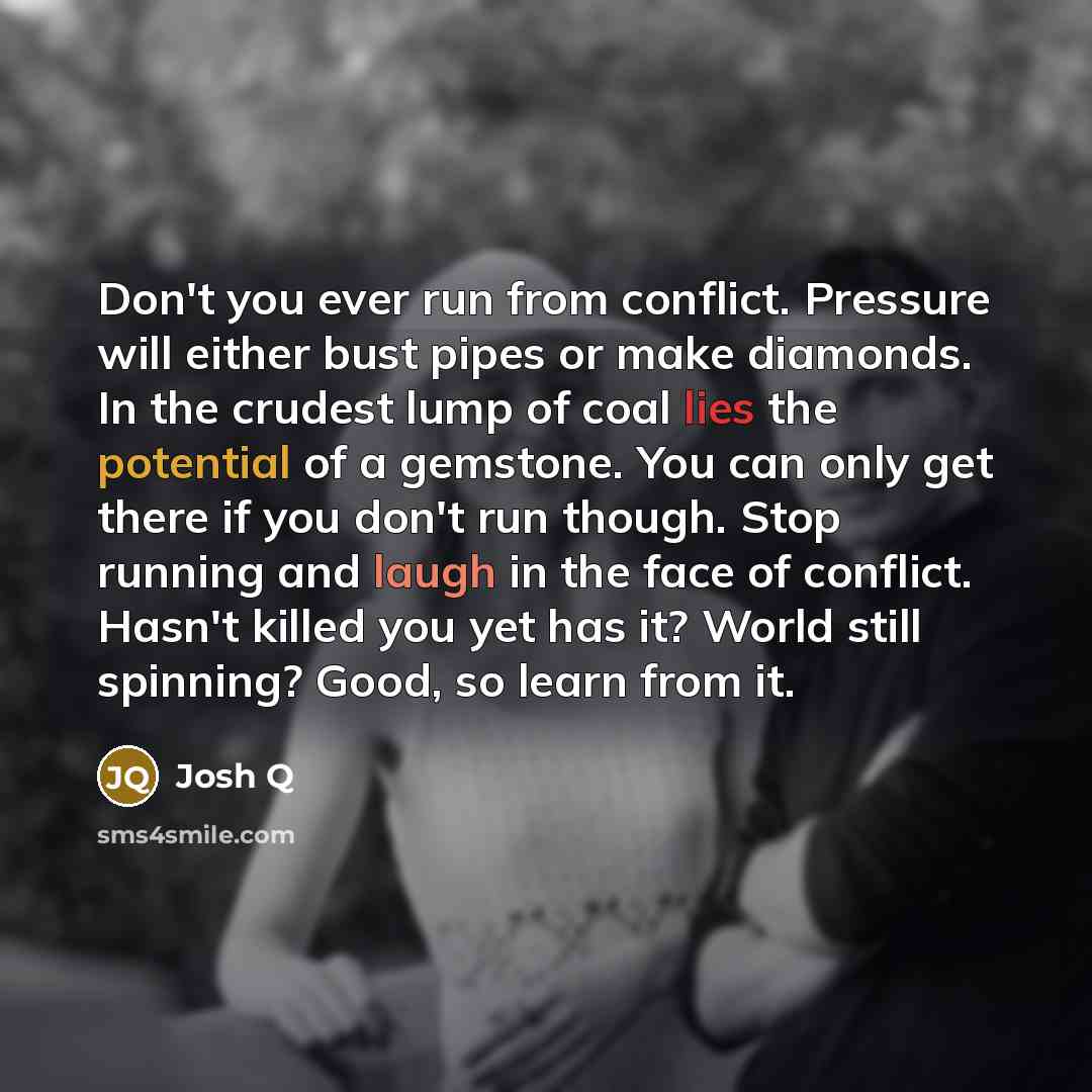 “Don't you ever run from conflict. Pressure will either bust pipes or make diamonds. In the crudest lump of coal lies the potential of a gemstone. You can only get there if you don't run though. Stop running and laugh in the face of conflict. Hasn't killed you yet has it? World still spinning?…” quote by Josh Q