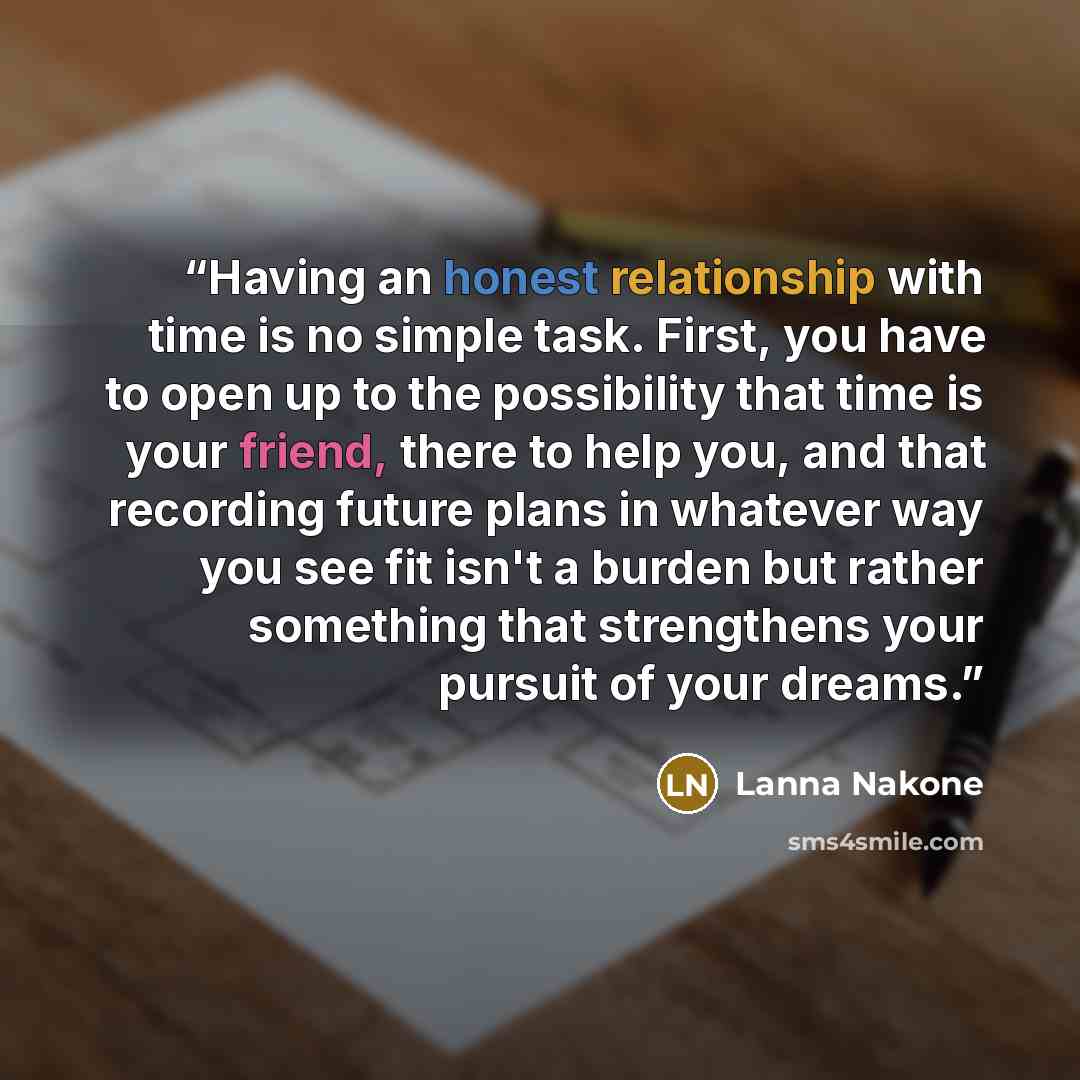 “Having an honest relationship with time is no simple task. First, you have to open up to the possibility that time is your friend, there to help you, and that recording future plans in whatever way you see fit isn't a burden but rather something that strengthens your pursuit of your dreams.” quote by Lanna Nakone
