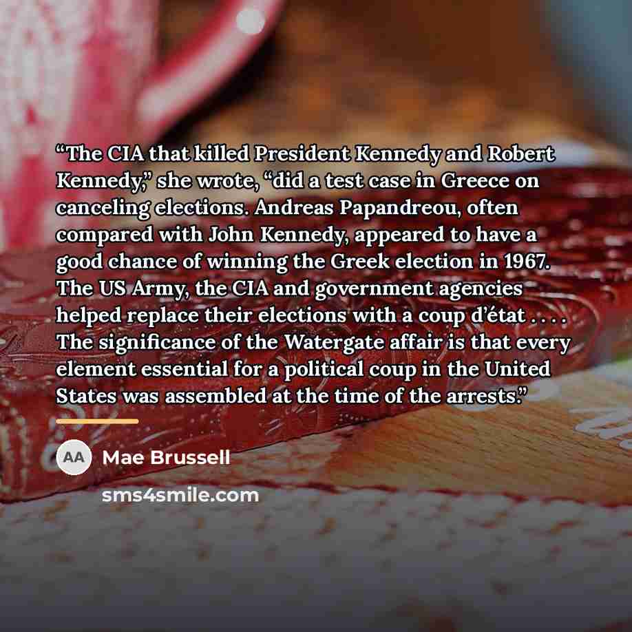 “The CIA that killed President Kennedy and Robert Kennedy,” she wrote, “did a test case in Greece on canceling elections. Andreas Papandreou, often compared with John Kennedy, appeared to have a good chance of winning the Greek election in 1967. The US Army, the CIA and government agencies helped…” quote by Mae Brussell