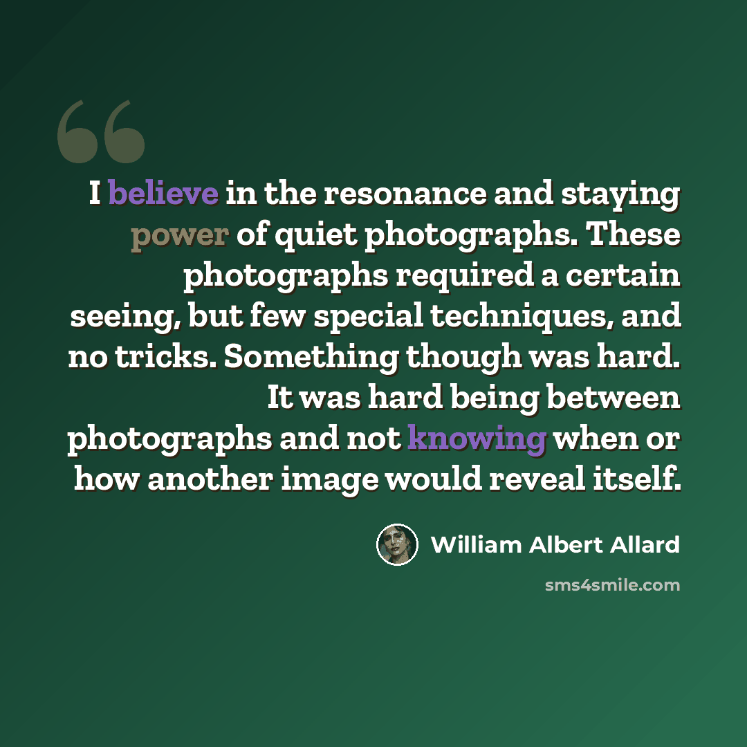 “I believe in the resonance and staying power of quiet photographs. These photographs required a certain seeing, but few special techniques, and no tricks. Something though was hard. It was hard being between photographs and not knowing when or how another image would reveal itself.” quote by William Albert Allard