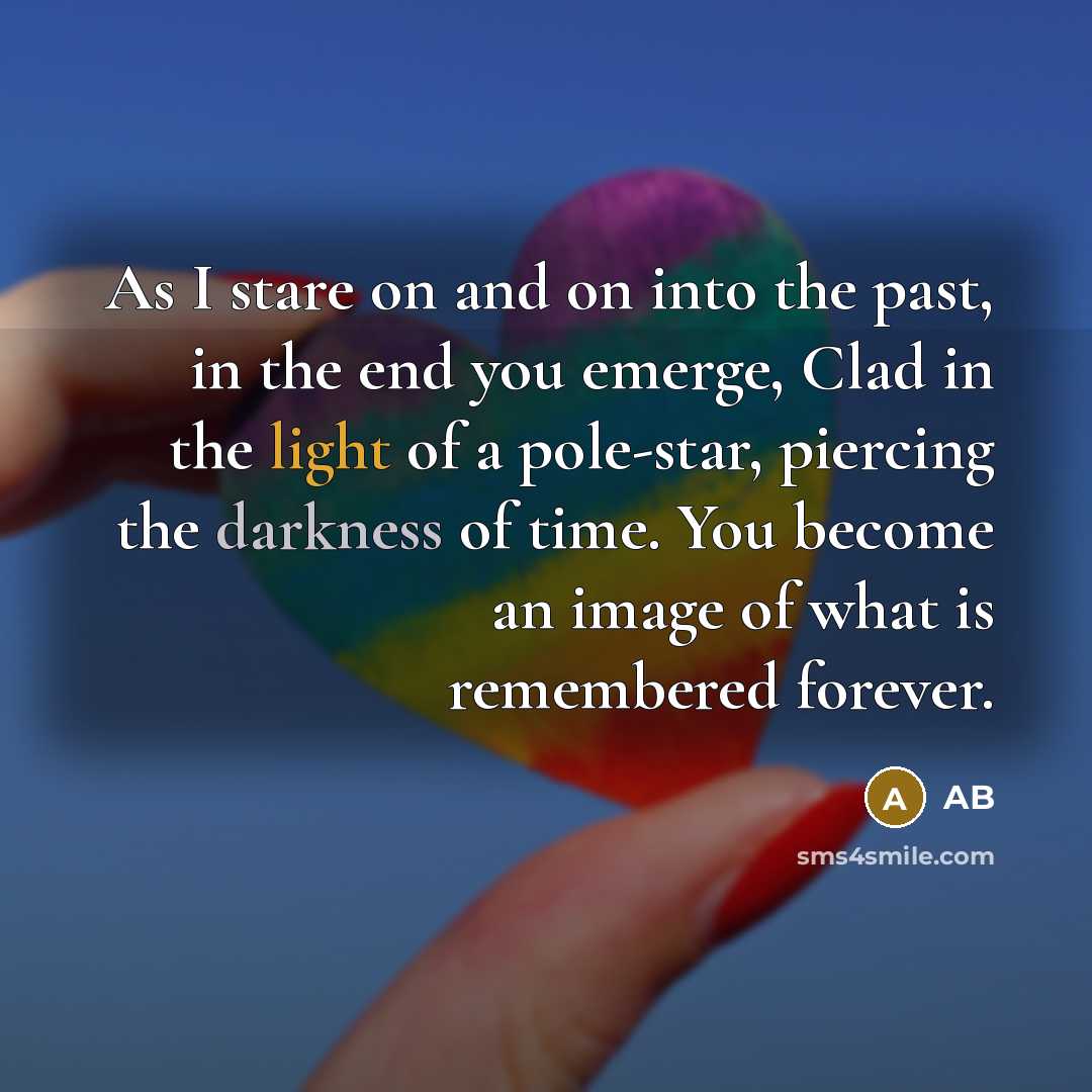 “As I stare on and on into the past, in the end you emerge, Clad in the light of a pole-star, piercing the darkness of time. You become an image of what is remembered forever.” quote by AB