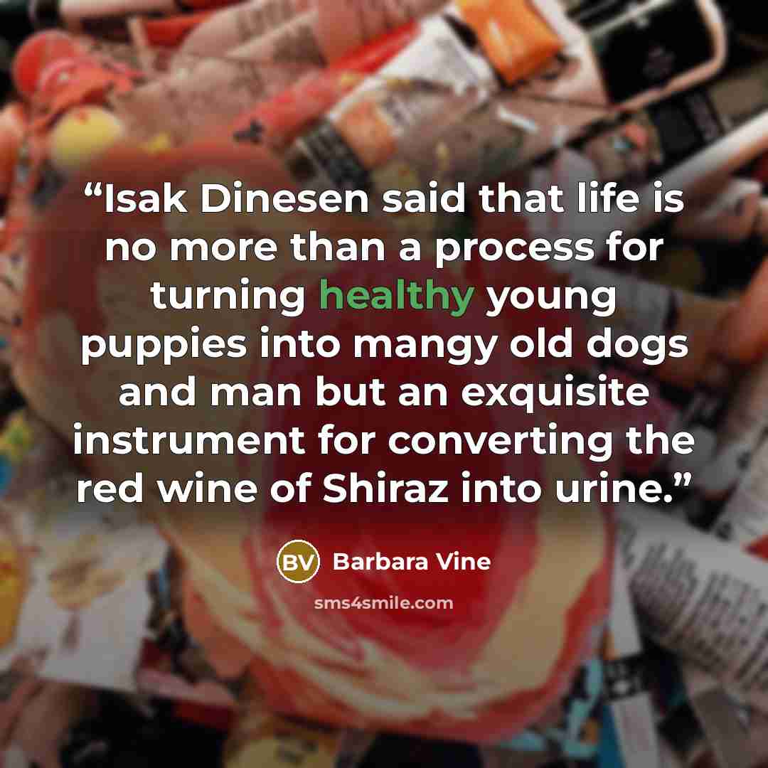 “Isak Dinesen said that life is no more than a process for turning healthy young puppies into mangy old dogs and man but an exquisite instrument for converting the red wine of Shiraz into urine.” quote by Barbara Vine