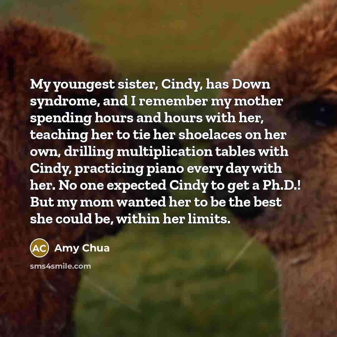 “My youngest sister, Cindy, has Down syndrome, and I remember my mother spending hours and hours with her, teaching her to tie her shoelaces on her own, drilling multiplication tables with Cindy, practicing piano every day with her. No one expected Cindy to get a Ph.D.! But my mom wanted her to be…” quote by Amy Chua