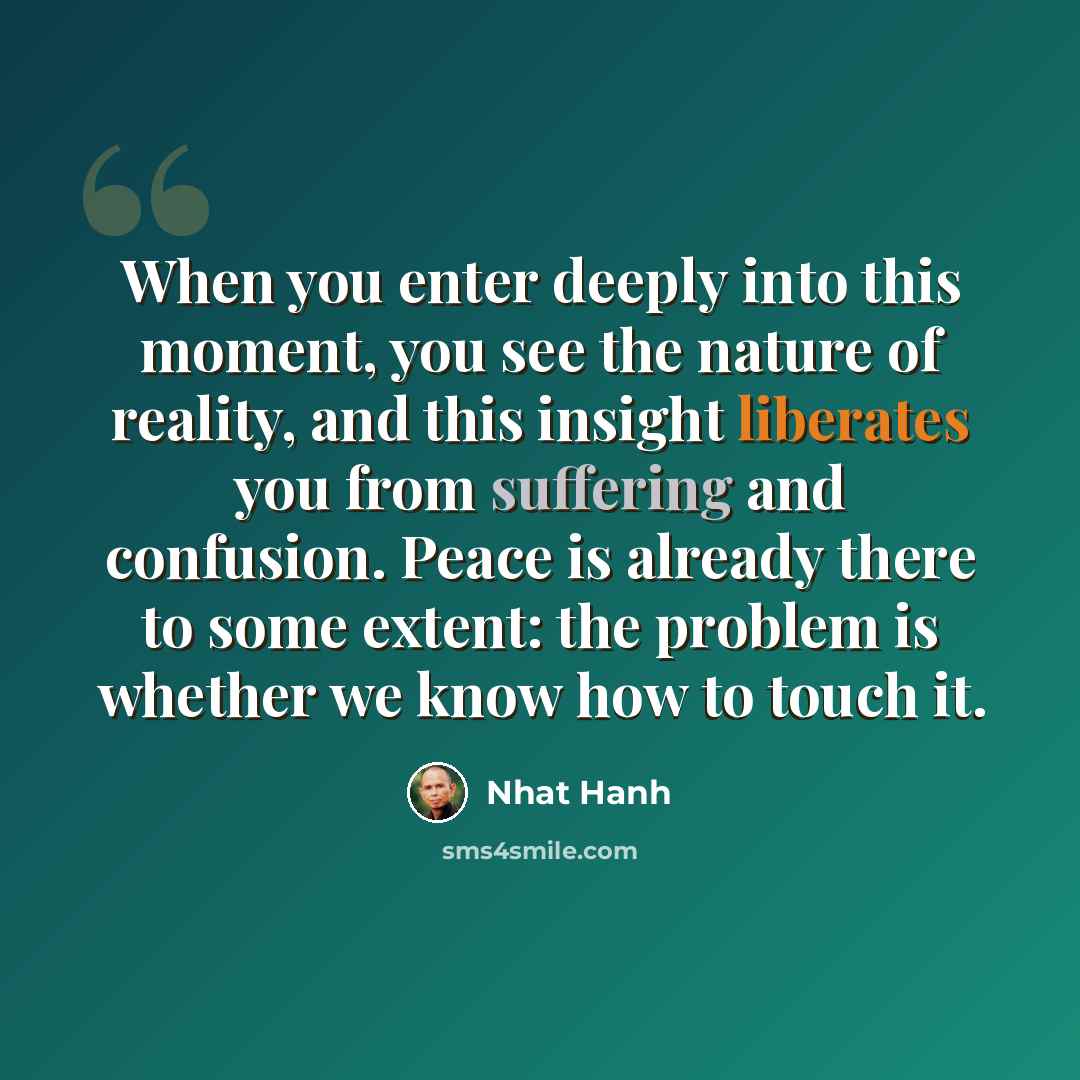 “When you enter deeply into this moment, you see the nature of reality, and this insight liberates you from suffering and confusion. Peace is already there to some extent: the problem is whether we know how to touch it.” quote by Nhat Hanh