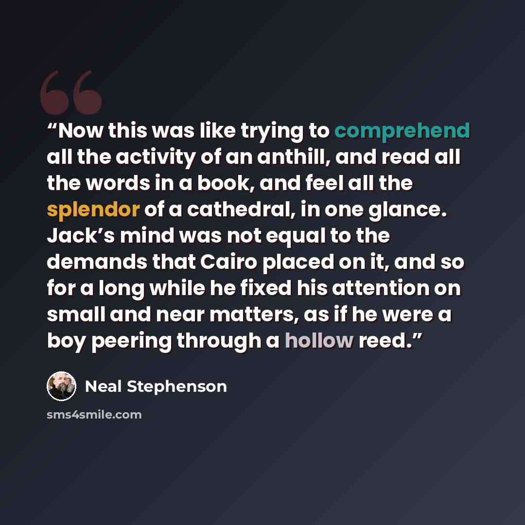 “Now this was like trying to comprehend all the activity of an anthill, and read all the words in a book, and feel all the splendor of a cathedral, in one glance. Jack’s mind was not equal to the demands that Cairo placed on it, and so for a long while he fixed his attention on small and near…” quote by Neal Stephenson