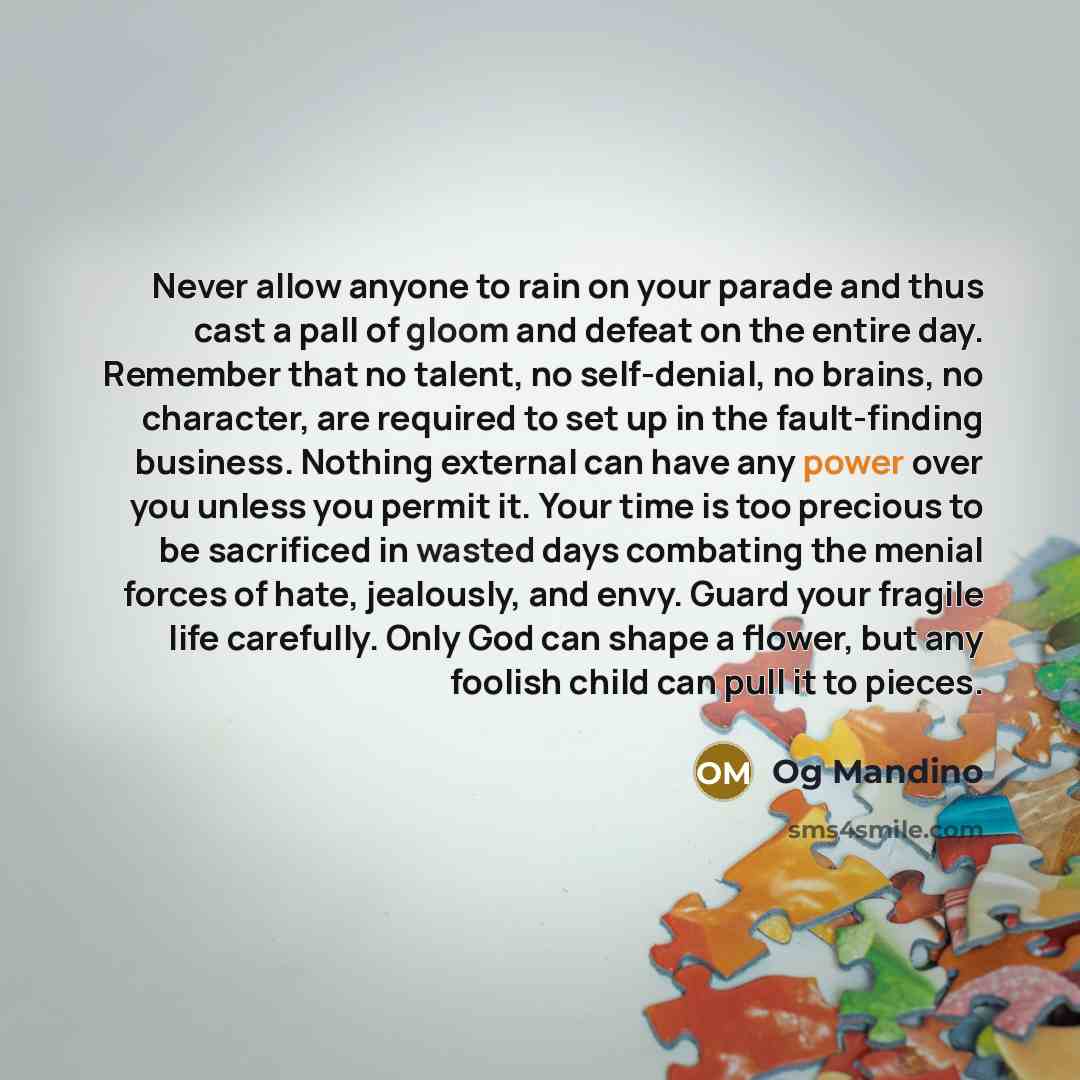 “Never allow anyone to rain on your parade and thus cast a pall of gloom and defeat on the entire day. Remember that no talent, no self-denial, no brains, no character, are required to set up in the fault-finding business. Nothing external can have any power over you unless you permit it. Your time…” quote by Og Mandino