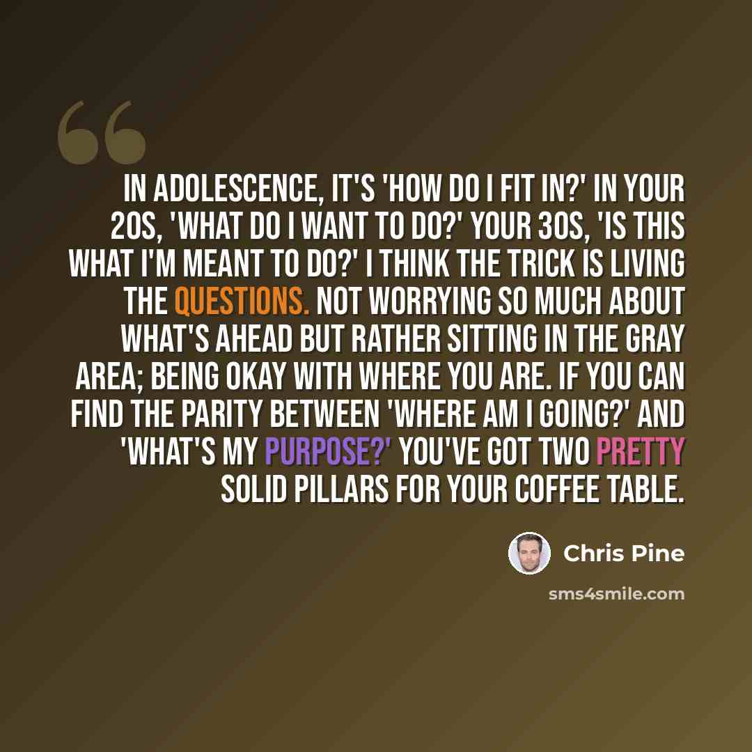 “In adolescence, it's 'How do I fit in?' In your 20s, 'What do I want to do?' Your 30s, 'Is this what I'm meant to do?' I think the trick is living the questions. Not worrying so much about what's ahead but rather sitting in the gray area; being okay with where you are. If you can find the parity…” quote by Chris Pine