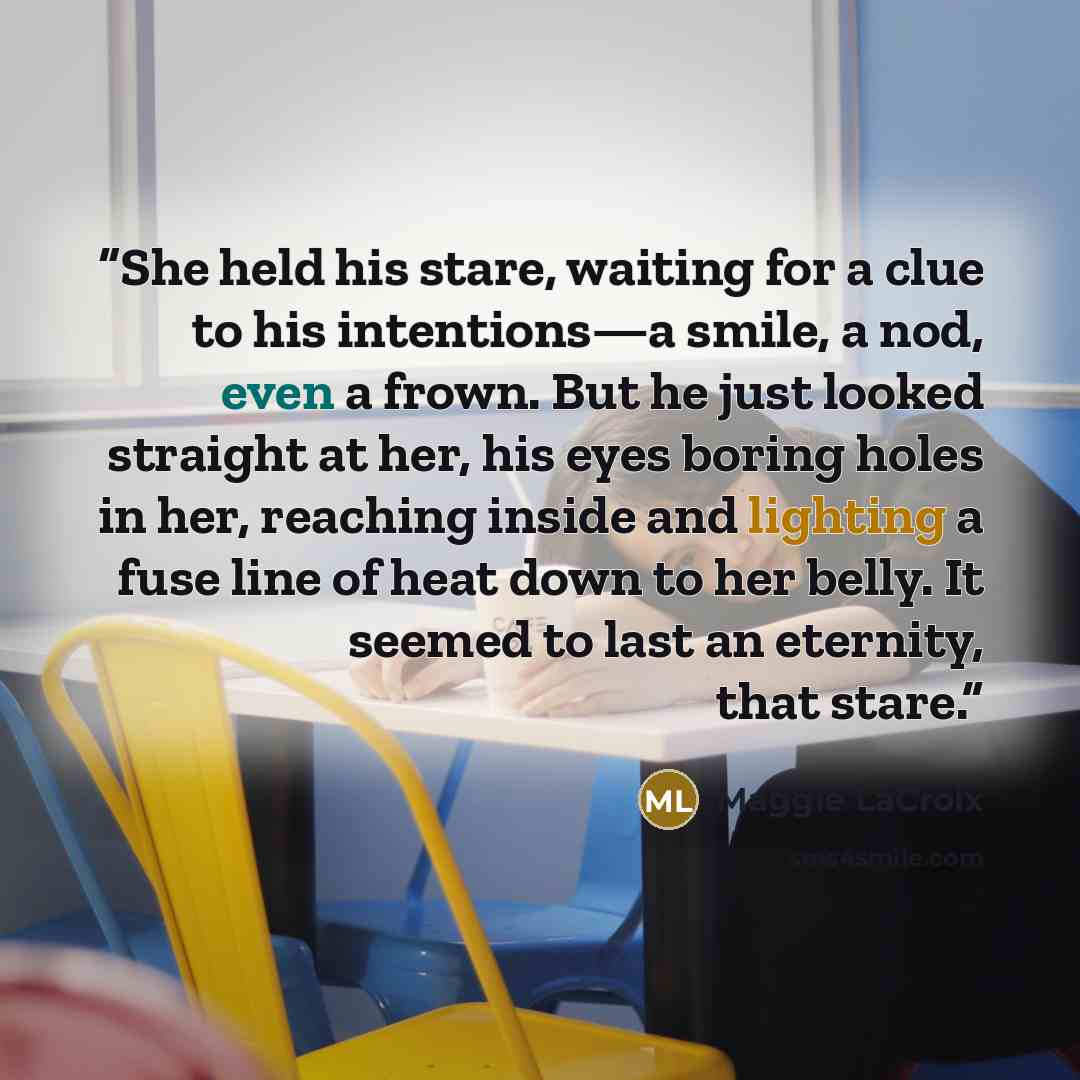“She held his stare, waiting for a clue to his intentions—a smile, a nod, even a frown. But he just looked straight at her, his eyes boring holes in her, reaching inside and lighting a fuse line of heat down to her belly. It seemed to last an eternity, that stare.” quote by Maggie LaCroix