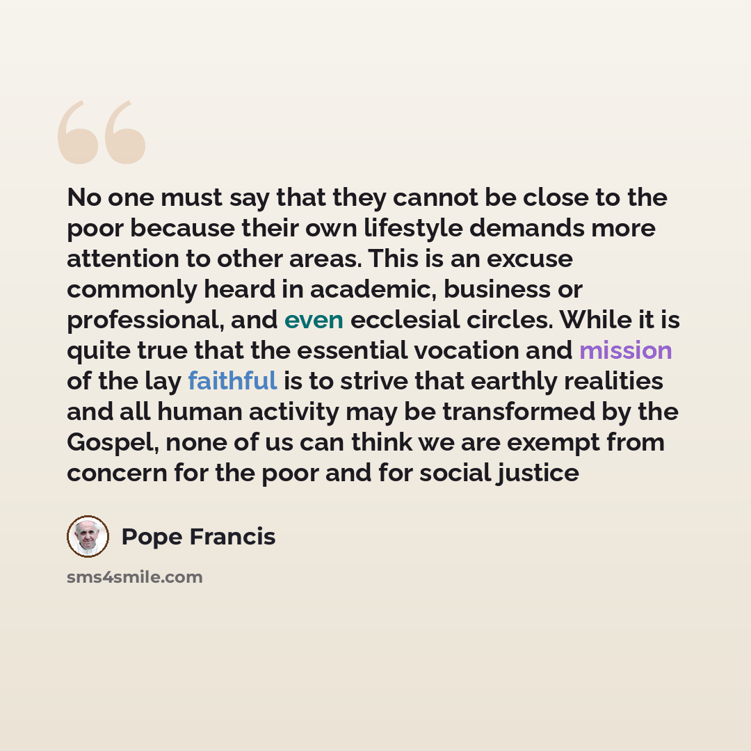 “No one must say that they cannot be close to the poor because their own lifestyle demands more attention to other areas. This is an excuse commonly heard in academic, business or professional, and even ecclesial circles. While it is quite true that the essential vocation and mission of the lay…” quote by Pope Francis